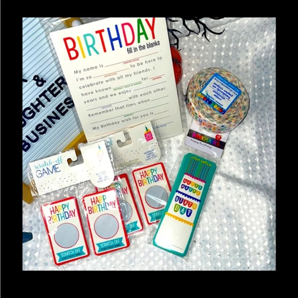 Happy Birthday GOODIE PACK NEW Scratch Off/Bookmarks/fill In Blanks/ Streamer.